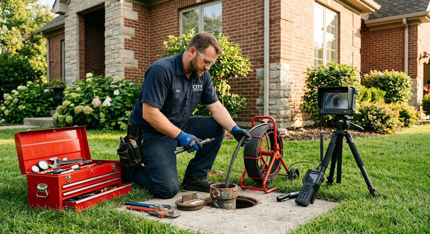 Sewer specialist with camera equipment servicing a cleanout in Lancaster