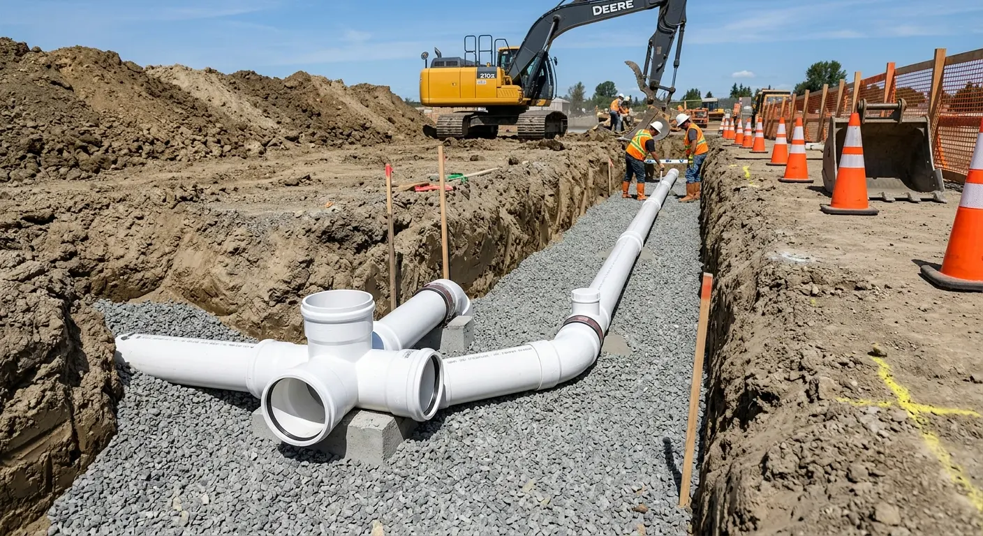 New PVC sewer pipe installation in open trench for Commercial Drain Cleaning in Lancaster