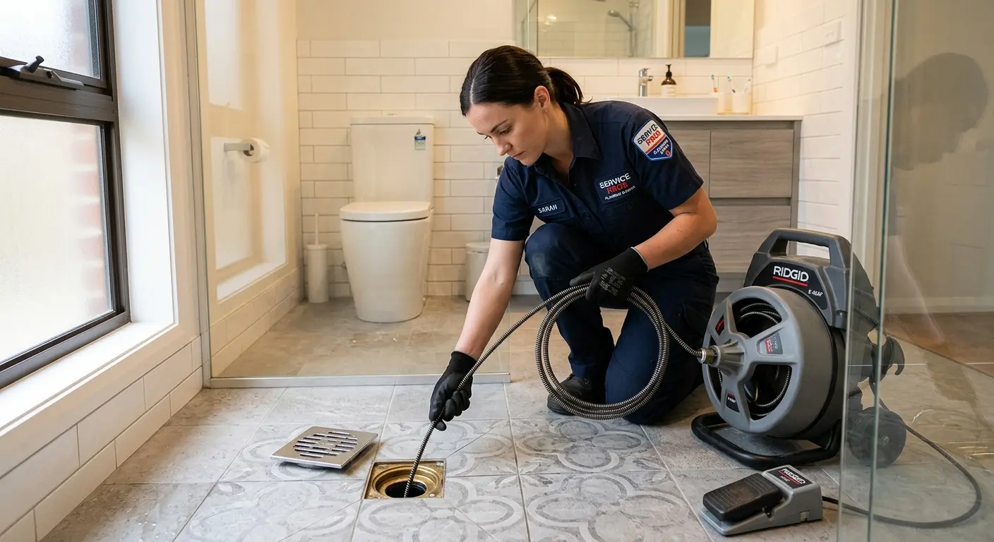 Technician clearing a bathroom floor drain for Clogged Drain Repair in Lancaster